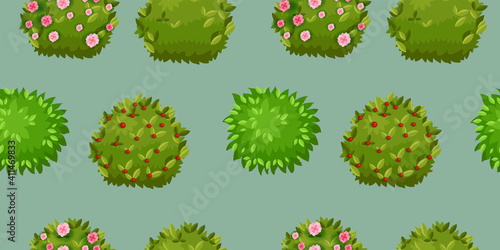 Green blooming bush vector gardening seamless pattern with blossom, leaves, berries. Forest, nature loopable background, vegetation texture, landscape repeat objects. Spring bush hedge olive pattern