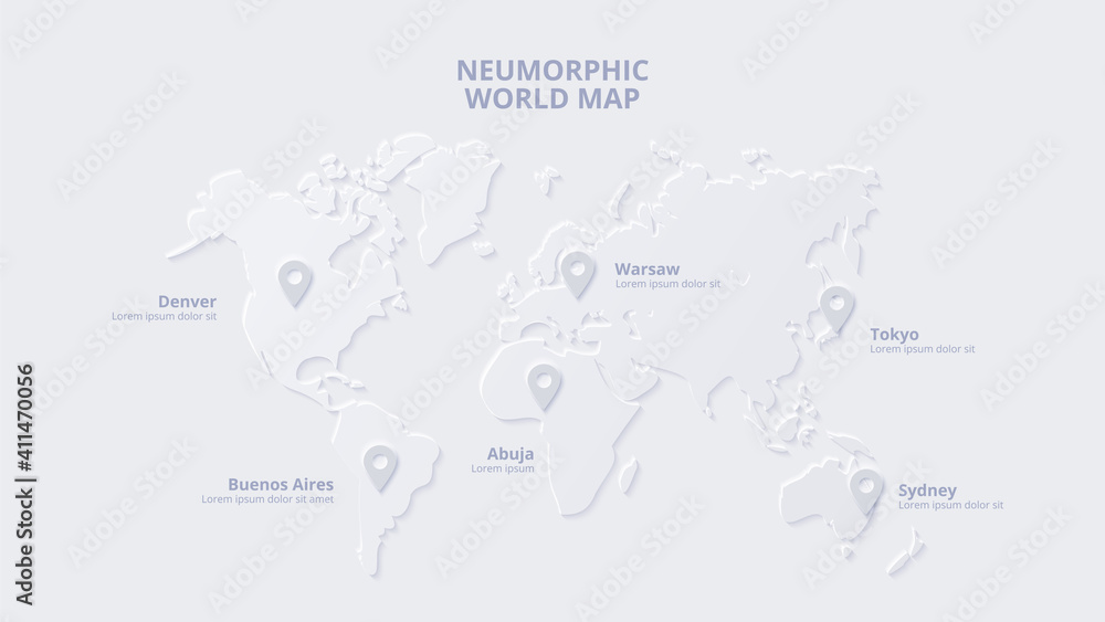 Neumorphic map with markers. Skeuomorph presentation slide