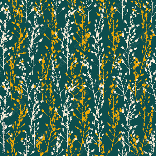 Seamless pattern with wild rose branches and berries on green - background with golden rosehip silhouettes for textile and wallpaper natural design