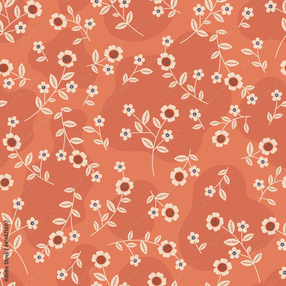 Ditsy Beige Flowers on Rust Background Vector Seamless Pattern Ditsy Beige Flowers on Rust Background Vector Seamless Pattern
