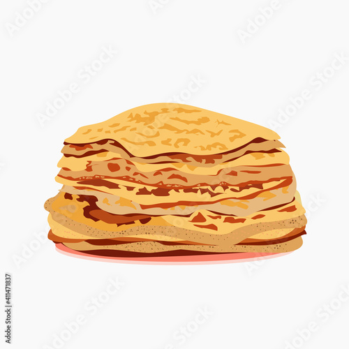 Large plate with fried pancakes on a white background