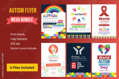 Creative Poster Set Or Flyer or Banner Set Of World Autism Awareness Day. Autism awareness concept with hand of puzzle pieces as symbol of autism, illustration,banner or poster of World autism awarene