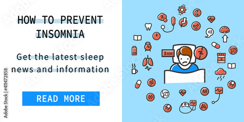 Sleep disorder web banner. How to prevent insomnia landing,web page layout template. Color icons set. Linear vector illustrations collection