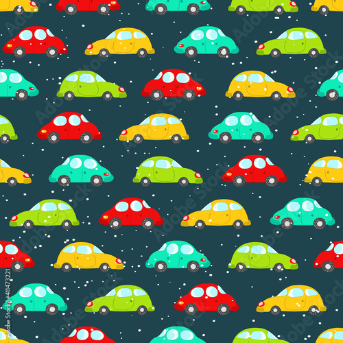 Seamless pattern with cute cars on blue winter background. Cartoot transport. Vector illustration. Doodle style. Design for baby print, invitation, poster, card, fabric, textile