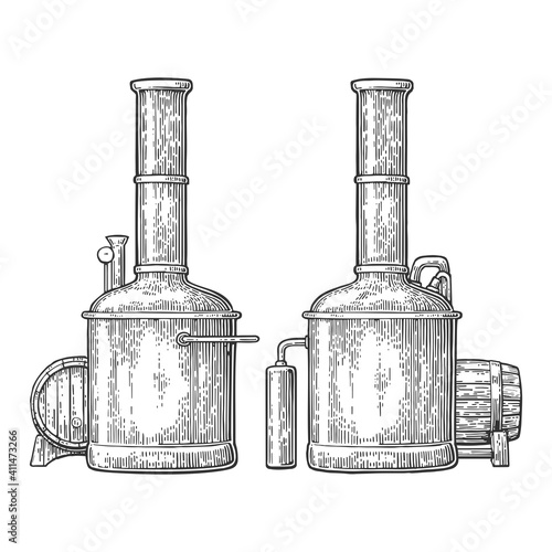 Row of tanks and wooden barrel in brewery beer.