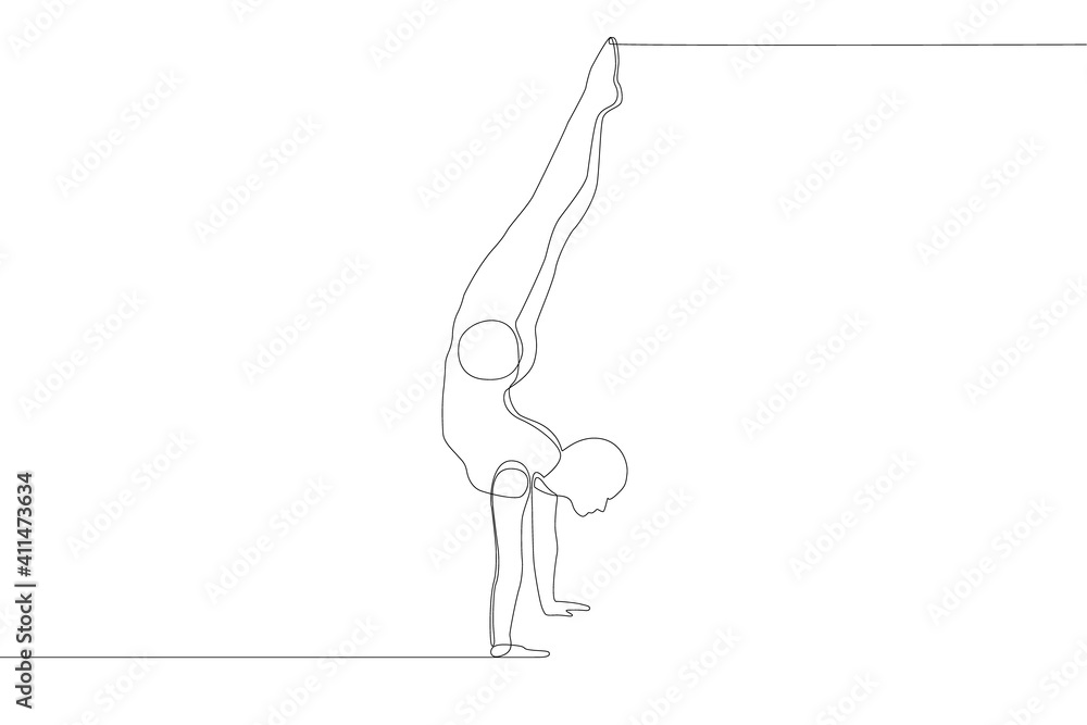One continuous line drawing. A male acrobat stands in his arms. Vector illustration. One continuous line drawing. A male acrobat stands in his arms. Vector illustration.