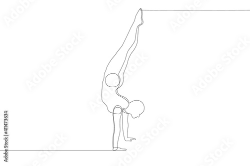 One continuous line drawing. A male acrobat stands in his arms. Vector illustration.