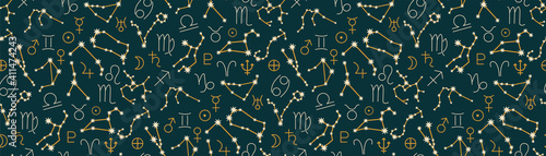 Set of signs of the zodiac, constellations. Horoscope symbols, stars, planets and moon phases. Pattern of astrological signs, on a green background. Illustrations for ancient alchemy.