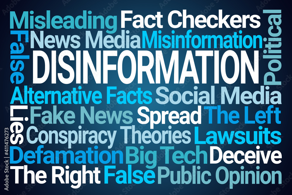 Disinformation Word Cloud on Blue Background Disinformation Word Cloud on Blue Background