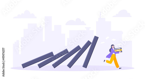 Domino effect or business resilience metaphor vector illustration concept. Adult young businesswoman run away from falling domino line business concept problem solving and danger domino chain reaction