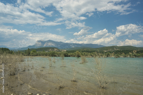 view of the Mediano reservoir near the town of Ainsa, located in Huesca, Spain.