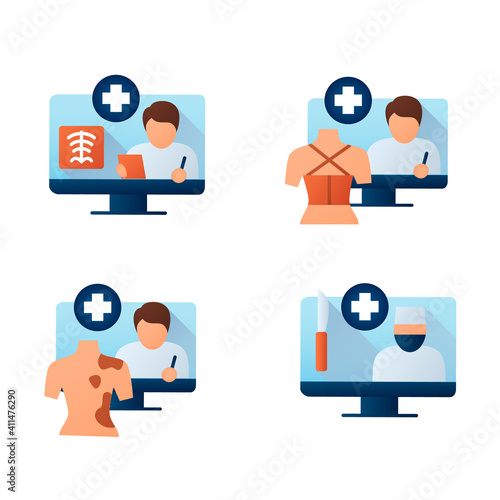  Telehealth flat icons set. Virtual doctor consultations. Remote healthy check. Telemedicine, health care concept. Color vector illustration with shadow
