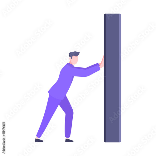 Adult young man pushing the wall. Problem solution or business progress metaphor vector illustration isolated on white background. Pushing start up new business concept.