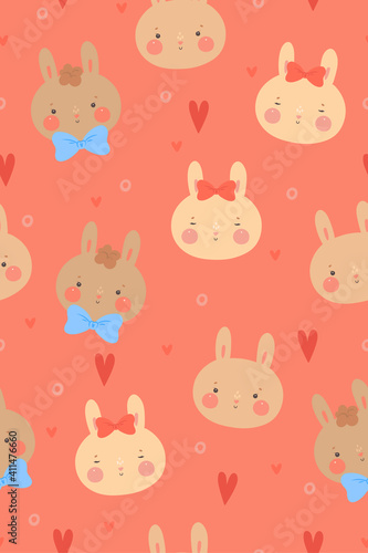 Seamless pattern with cute rabbits and hearts. Vector graphics.