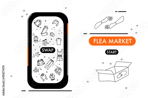 Smartphone with online flea market. Reusable garment store website.Catalog of clothing,donation option.Charity box for humanitarian aid.Ordering from home.Give,buy through internet.Vector doodle style