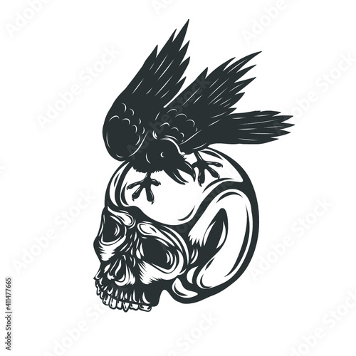 Raven on a skull. Vector illustration.