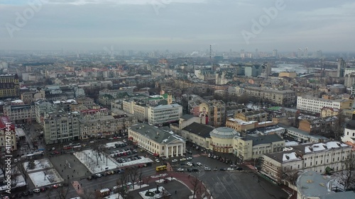 Europe  Kiev  Ukraine - February 2021  aerial view of the Podil area  St. Andrew s Church  Kontraktova Square and Kiev. Old residential buildings overlooking the city.