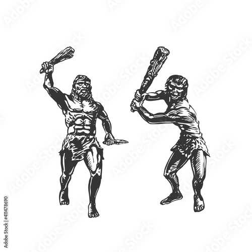 Caveman Pack, Savages or Neanderthals with Cudgel Sketch Drawing