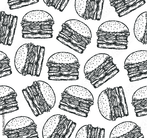 seamless pattern of burger illustration in paint brush drawing style.