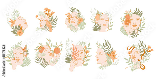 Collection of beautiful Woman face portrait with plants and flowers in one line style. Blooming abstract Women. Minimalistic style. Vector illustration.