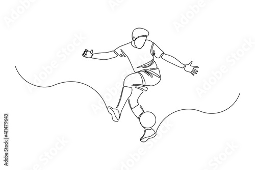 Continuous line drawing of football player jump and fly to kicking ball. Single one line art of young man playing soccer ball. Vector illustration