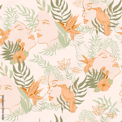 Seamless pattern with blooming Woman portrait  tropical flower  leaf. Line art background. Editable vector illustration