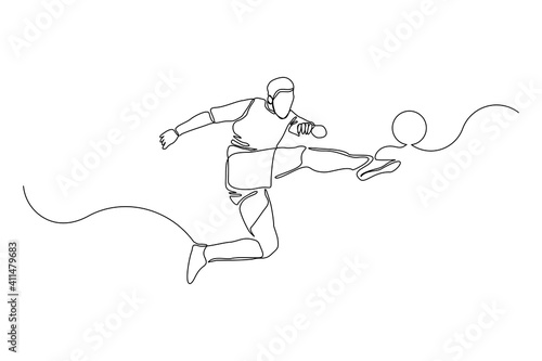 Continuous line drawing of football player jump and fly to kicking ball. Single one line art of young man playing soccer ball. Vector illustration