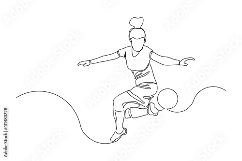 Continuous line drawing of football player jump and fly to kicking ball. Single one line art of young woman playing soccer ball. Vector illustration