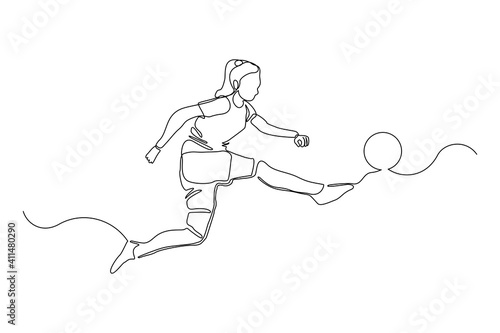Continuous line drawing of football player jump and fly to kicking ball. Single one line art of young woman playing soccer ball. Vector illustration