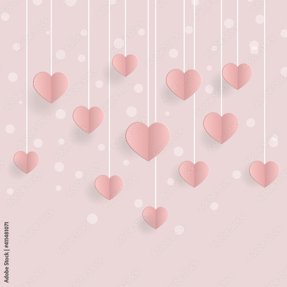 Web banner with a decoration of hanging paper hearts on a pastel pink background. Decorative holiday banner, holiday web poster, romantic flyer, brochure.