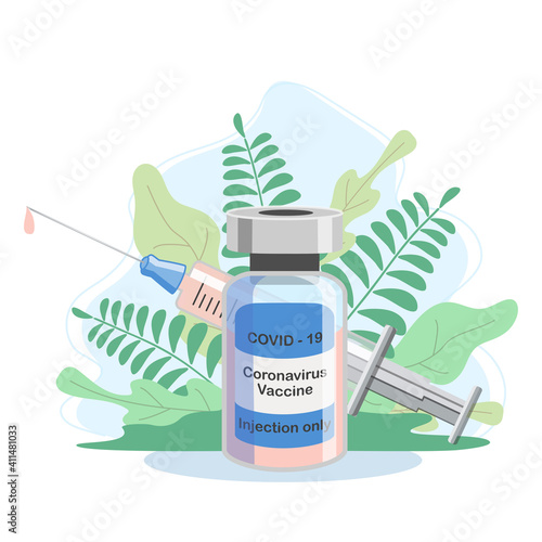 Covid-19 Coronavirus concept. vaccine vial and syringe. pandemic covid-19 outbreak. isolated icon. flat