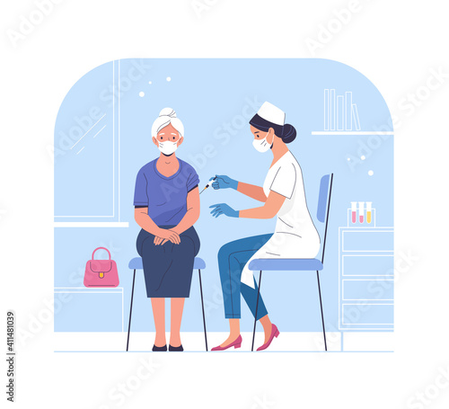 Vaccination of the elderly. Vector modern illustration of a senior woman and a doctor with a syringe. Isolated on abstract background