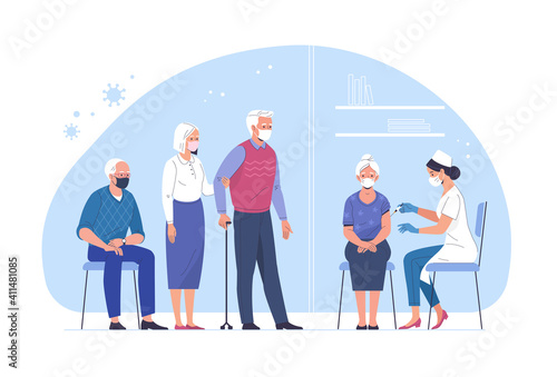 
Vaccination of the elderly against coronavirus. Vector illustration of an elderly woman vaccinated by a doctor and a queue of people waiting. Isolated on background 