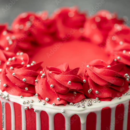 Red cake close-up. Sweetness for a loved one. Dessert for Valentines Day.