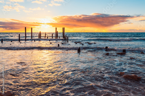 Iconic Port Willunga jetty ruins at sunset, South Australia