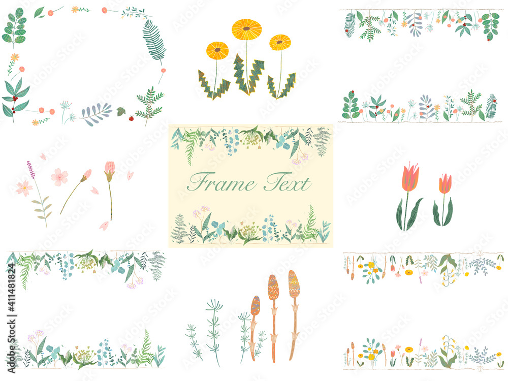 春のオシャレなお花と葉っぱのかわいい植物フレームセット素材 Stock イラスト Adobe Stock
