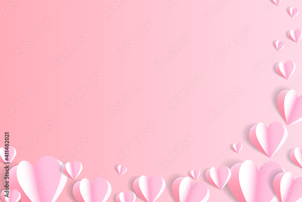 Greeting card with hearts. Paper flying elements on a pink background. Vector symbols of love in shape of heart for greeting card design .