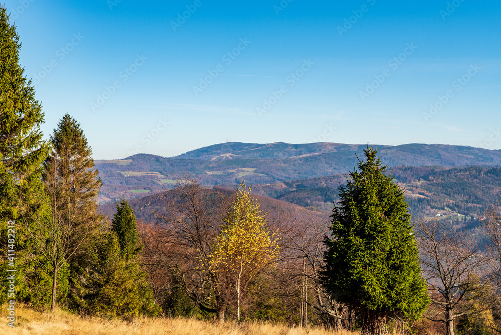 Beskid Slaski mountains with Skrzyczne hill from meadow bellow Wielka Czantoria hill during beautiful autumn day