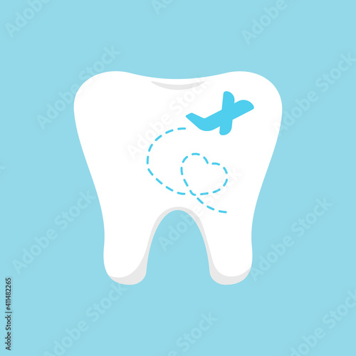 Dental tourism logo with tooth and airplane medical icon. Plane fly on white molar tooth sign with heart shape track isolated on blue background. Flat design cartoon vector logo illustration.