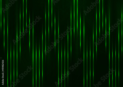 Glowing neon lines moving fast on a dark background. Green stripes and glittering ray traces on a dark background. Futuristic design. Vector