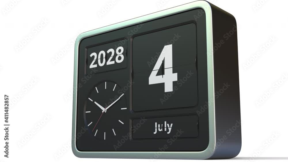 July 4, 2028 date on the flip clock calendar, 3d animation July 4, 2028 date on the flip clock calendar, 3d animation