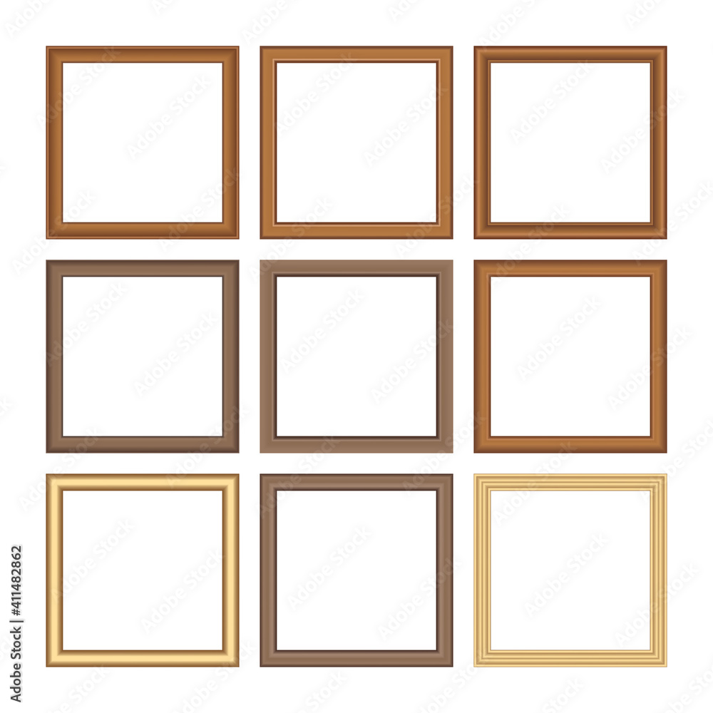 Set of squared golden vintage wooden frame for your design. Vintage cover. Place for text. Vintage antique gold beautiful rectangular frames. Template vector illustration. - obrazy, fototapety, plakaty 