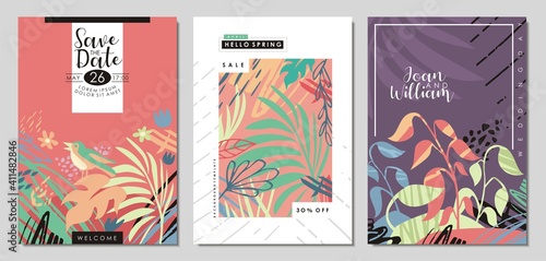 Wedding invitation design, floral spring notebook or card cover, seasonal sale posters and flyers. May nature plants and flowers placard backdrop concept. Vector collection.