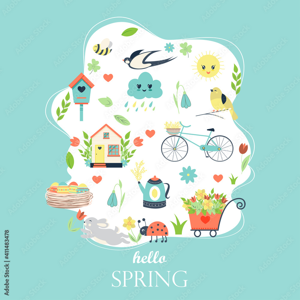 Easter Spring set. Collection of cute animals, birds and insects, blooming flowers and floral decorations, bicycle Bright colored vector illustration in flat cartoon style. Easter Spring set. Collection of cute animals, birds and insects, blooming flowers and floral decorations, bicycle Bright colored vector illustration in flat cartoon style.