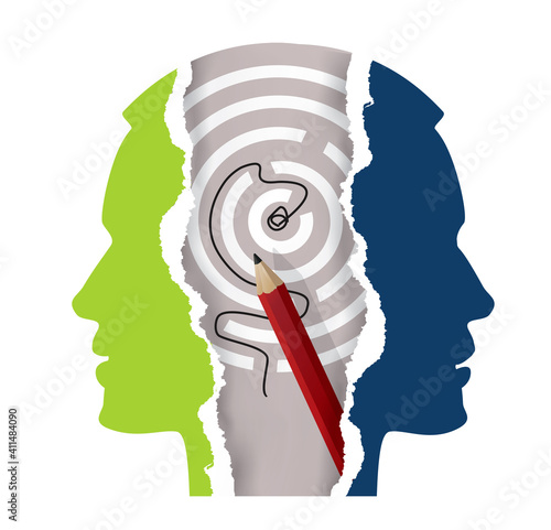 Schizophrenia, depression, male head silhouettes, labyrinth with pencil. 
Ripped paper Male head silhouettes. Concept symbolizing solution of psychological illnesses. Vector available.