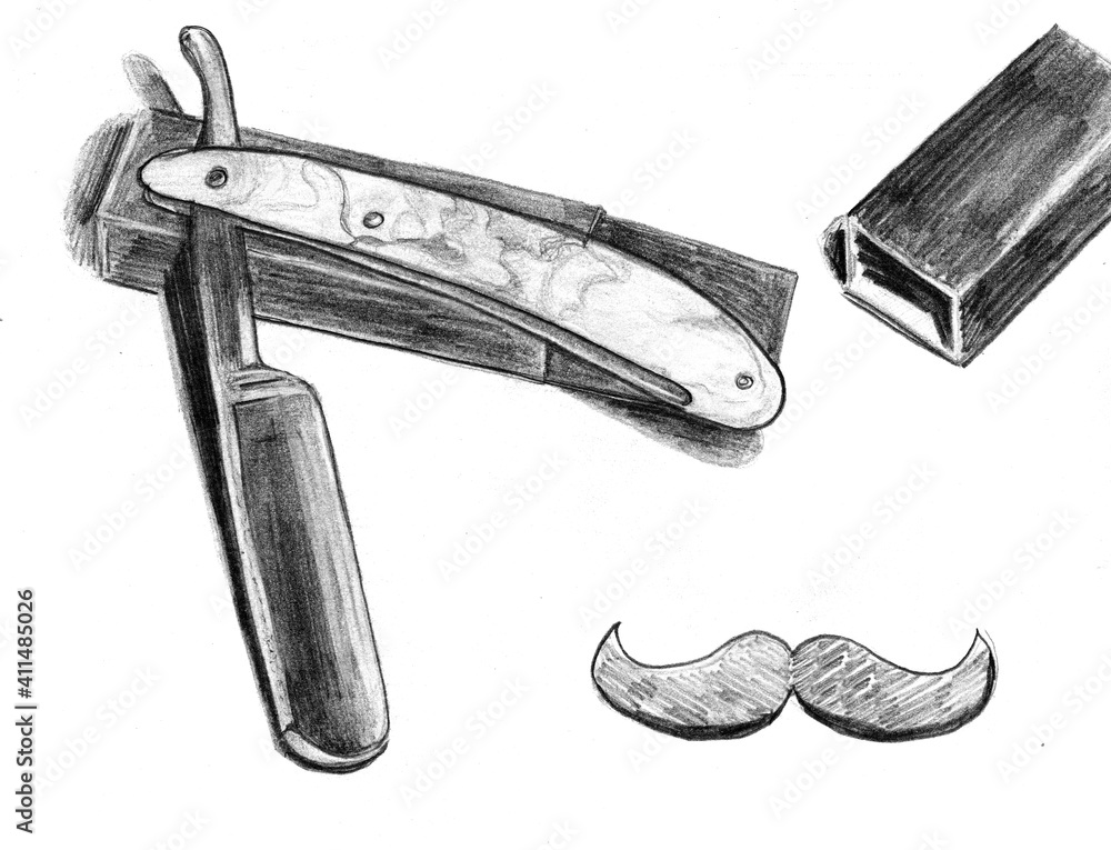 Slate pencil sketch of straight razor. Barber shop logo, poster. White ...