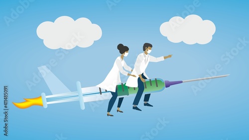 Health care people flying on syringe. Dimension 16:9. Vector illustration. EPS10.
