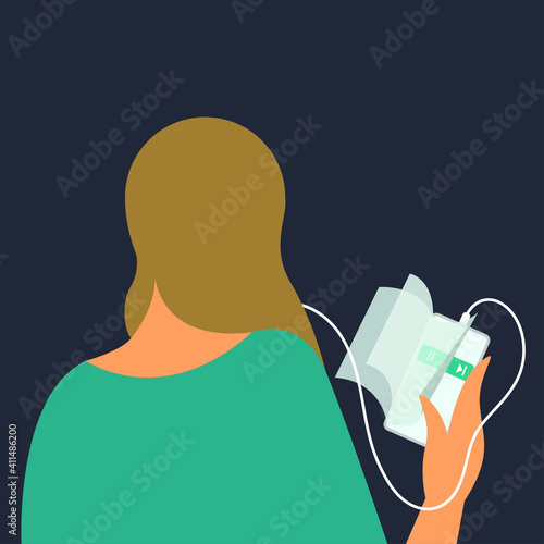 vector illustration of a girl listening to an audiobook online using a phone.imitation of turning pages of a virtual book.can be used as an element of web design, icons, banners for audiobook services