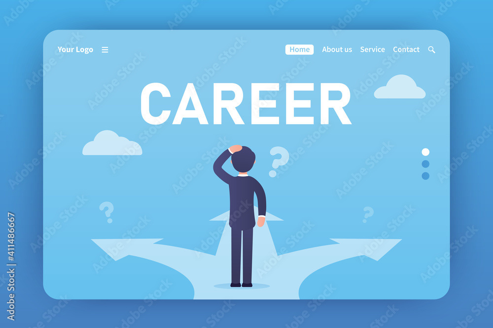 Career. Landing page template. Vector concept of choosing a strategy and path. A businessman in a suit stands at a loss before a choice. Decision making vector illustration. Freelance. Career. Landing page template. Vector concept of choosing a strategy and path. A businessman in a suit stands at a loss before a choice. Decision making vector illustration. Freelance.