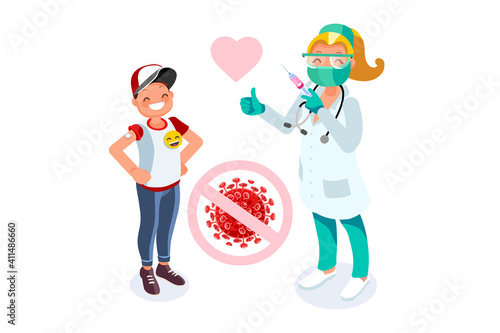 Family care concept design. Time to vaccinate banner. Vaccinal syringe, viral flu immunisation for family

